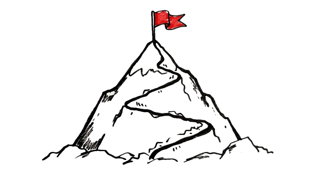 Hand-drawn mountain with a red flag at the summit and a winding path to the top